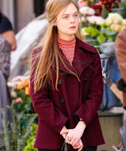 A Complete Unknown Elle Fanning Maroon Pea Coat