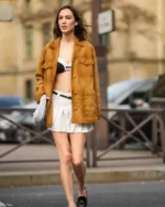 Alexa Chung Paris Fashion Week 2023 Brown Suede Jacket (1)