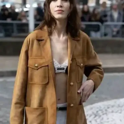 Alexa Chung Paris Fashion Week 2023 Brown Suede Jacket
