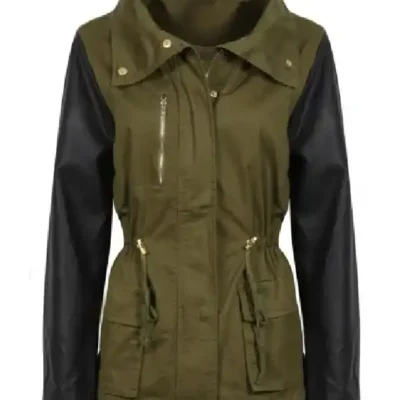 Army Green Jacket with Leather Sleeves