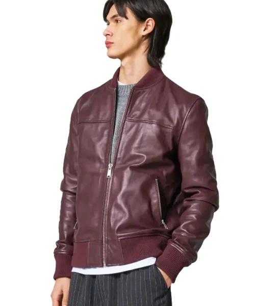 Barneys Burgundy Leather Bomber Jacket