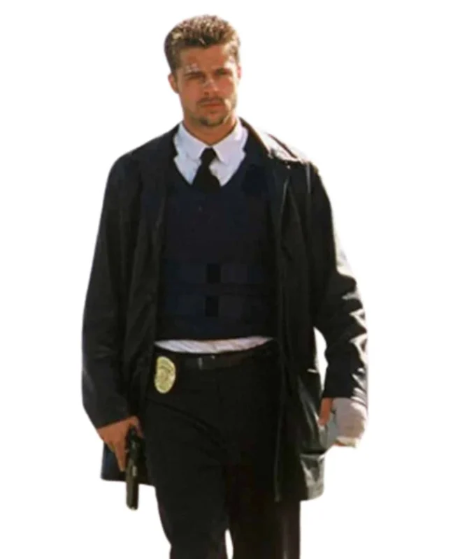 Brad Pitt Seven Movie David Mills Black Leather Coat