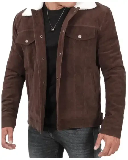 Buy Kevin Costner Yellowstone John Dutton White Fur Lining Corduroy Brown Sherpa Lined Trucker Jacket For Sale