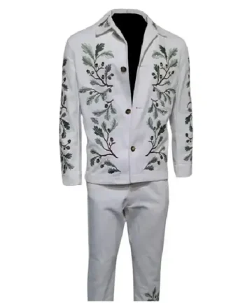 Buy Oliver Quick Saltburn 2023 Movie Barry Keoghan Green Leaf Embroidery White Jacket For Sale