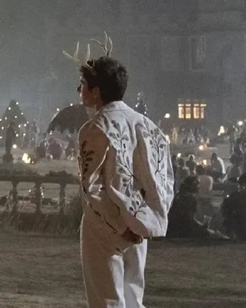 Buy Oliver Quick Saltburn 2023 Movie Barry Keoghan Green Leaf Embroidery White Jacket For Sale