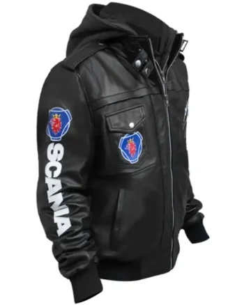Buy Punisher Black Hooded Bomber Leather Jacket For Men Sale