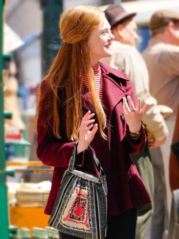 A Complete Unknown Elle Fanning Maroon Pea Coat - Image 2