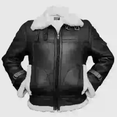 Men’s B-3 Black Sheepskin Leather Bomber Jacket