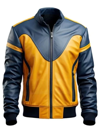 Mens Mustard Yellow and Blue Motorbike Leather Jacket