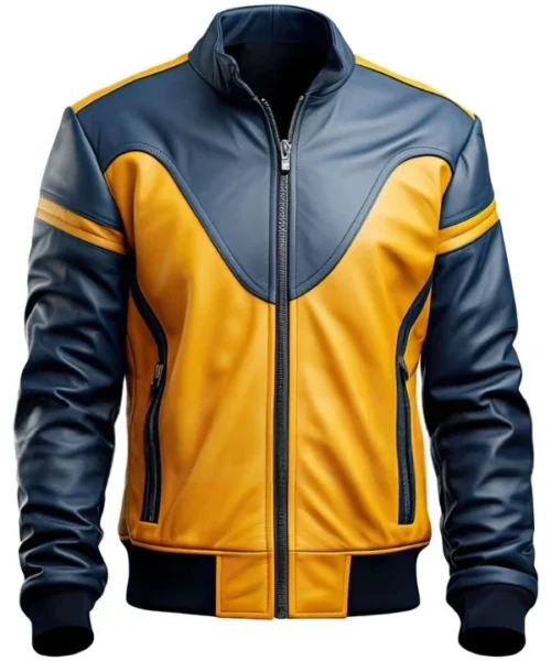 Mens Mustard Yellow and Blue Motorbike Leather Jacket