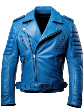 Mens Royal Blue Asymmetric Crossover Slim Fit Leather Jacket