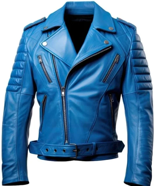 Mens Royal Blue Asymmetric Crossover Slim Fit Leather Jacket