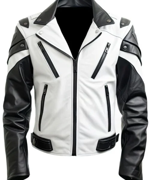 Mens White and Black Biker Racer Leather Jacket