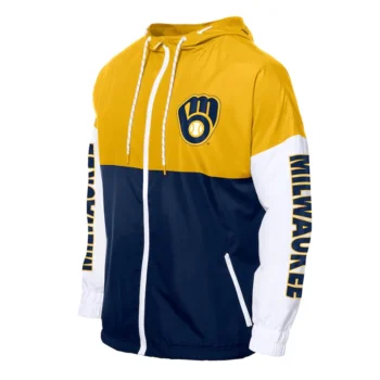 Milwaukee Brewers Color Block Navy-Gold Hoodie Windbreaker