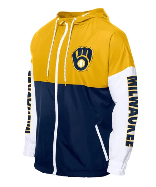 Milwaukee Brewers Color Block Navy-Gold Hoodie Windbreaker