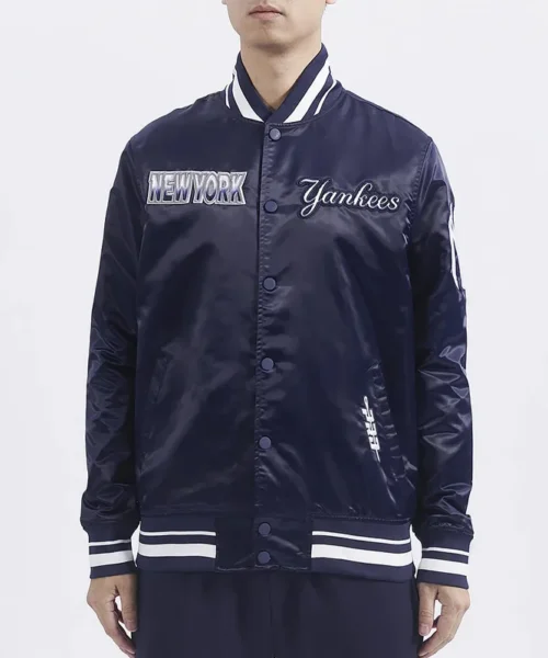 NY Yankees Turn It Up M Classic Rib Navy Satin Jacket