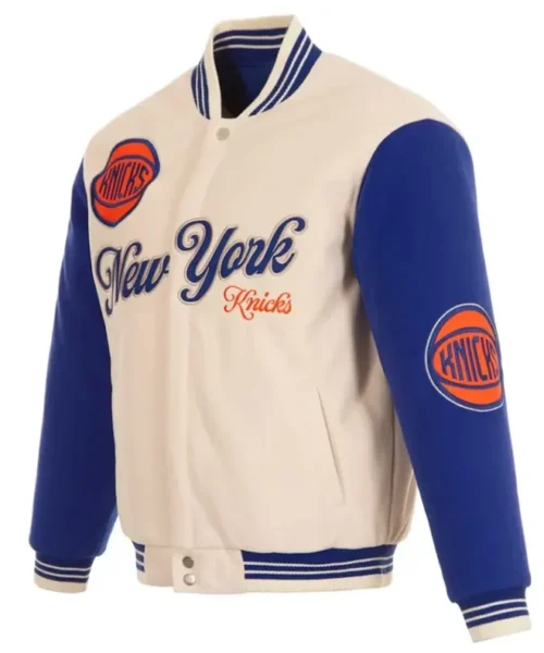 Ny Knicks Cream And Royal Varsity Leather And Wool Jacket