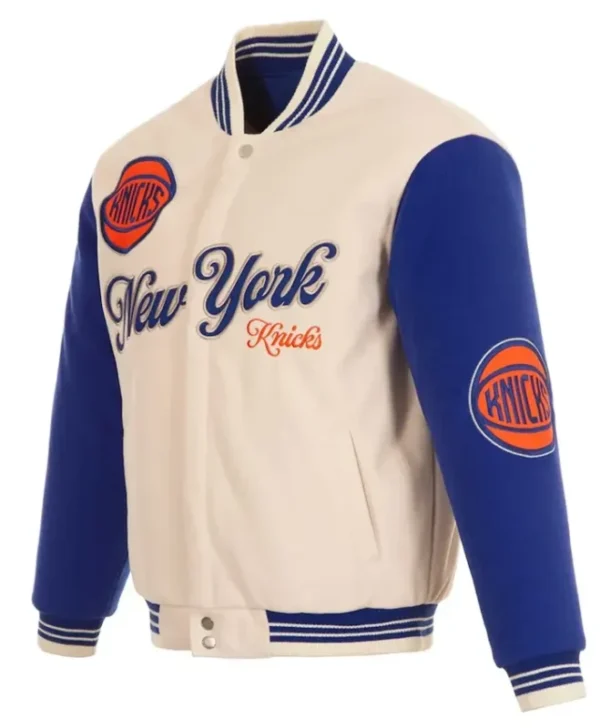 Ny Knicks Cream And Royal Varsity Leather And Wool Jacket