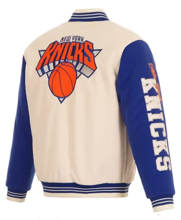 Ny Knicks Cream And Royal Varsity Leather And Wool Jacket - Image 2