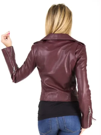 Womens Burgundy Motorcycle Leather Jacket - Image 2