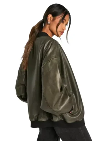 Womens Vintage Oversized Bomber Leather Jacket - Image 2