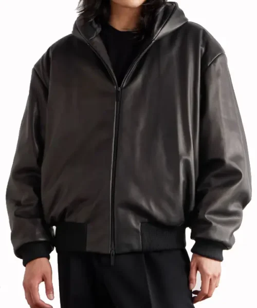 Oversized Padded Leather Hooded Bomber Jacket