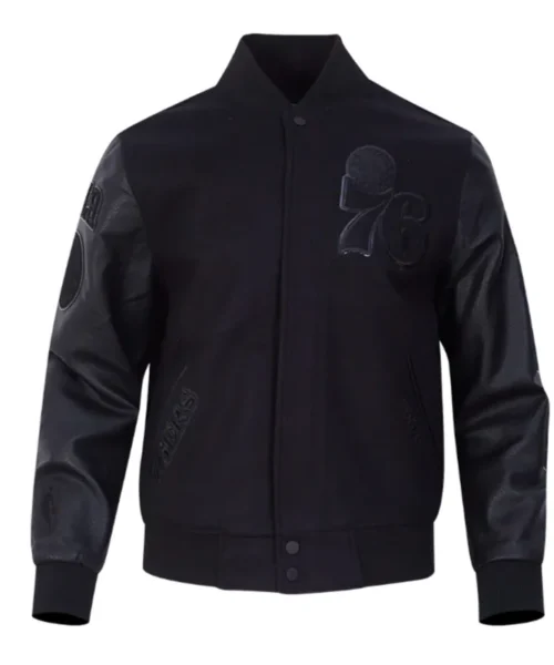 Philadelphia 76ers Triple Black Varsity Wool-Leather Jacket