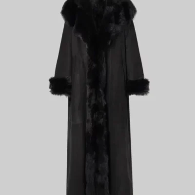 Selena Gomez Black Leather Fur Coat