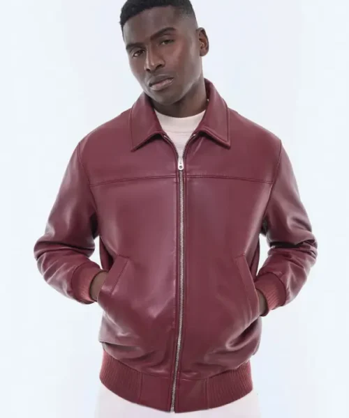 Shirt Collar Burgundy Leather Jacket