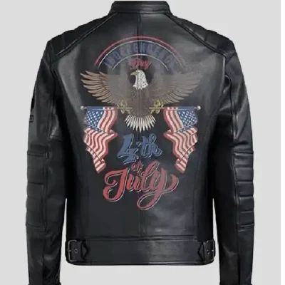 Shop Bald Eagle USA Flag Printed Independence Day Black Leather Jacket For Sale
