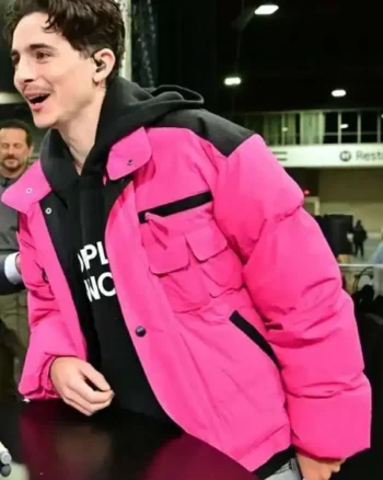 Shop College GameDay Timothee Chalamet Pink Puffer Hooded Jacket Sale