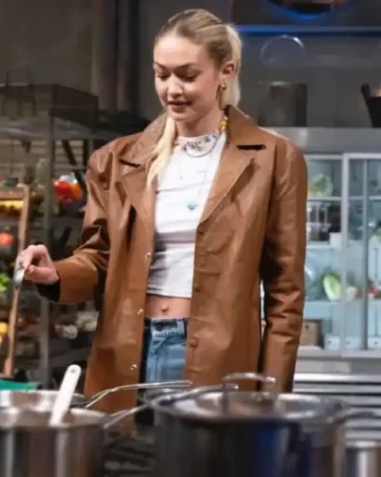 Shop Gigi Hadid TV Series Beat Bobby Flay 2025 Brown Blazer Jacket For Sale