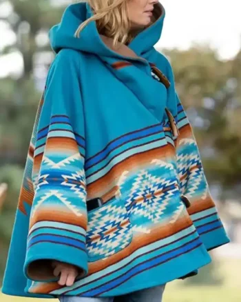 Shop Kelly Reilly Yellowstone Season 03 Episode 06 Beth Dutton Blanket Turquoise Blue Hooded Poncho Coat Sale