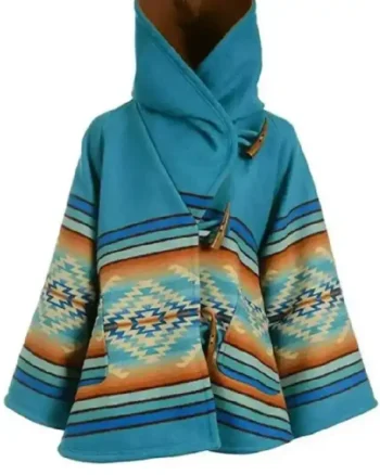 Womens Yellowstone Beth Dutton Turquoise Blue Hooded Wool Coat - Image 3
