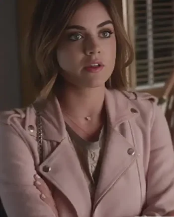 Shop Lucy Hale Pretty Little Liars TV Series Season 06 Aria Montgomery Baby Pink Leather Biker Jacket