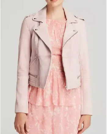 Shop Lucy Hale Pretty Little Liars TV Series Season 06 Aria Montgomery Baby Pink Leather Biker Jacket