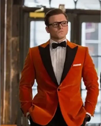 Shop Taron Egerton Kingsman The Golden Circle Eggsy Orange Velvet Blazer Sale