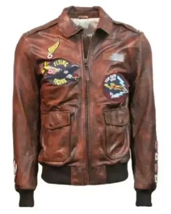Top Gun Flying Tigers Brown Zip Up Leather Bomber Jacket