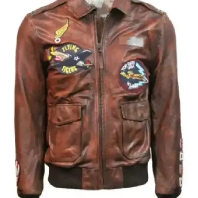 Top Gun Flying Tigers Brown Zip Up Leather Bomber Jacket