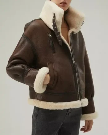 Womens B3 Shearling Coffee Brown With Strapped Collar Leather Jacket