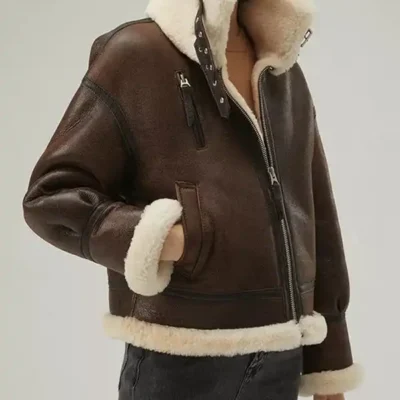 Womens B3 Shearling Coffee Brown With Strapped Collar Leather Jacket