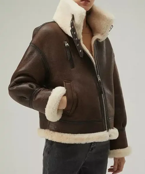 Womens B3 Shearling Coffee Brown With Strapped Collar Leather Jacket