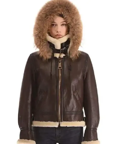 Womens B3 Shearling Parka Dark Brown Leather Jacket
