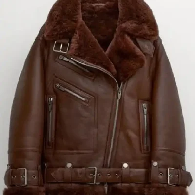 Womens Belted B3 Shearling Dark Brown Leather Jacket