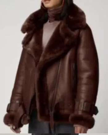 Womens Belted B3 Shearling Dark Brown Leather Jacket back