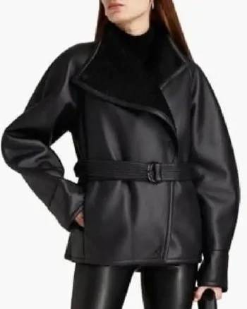 Womens Black Shearling With Belted Waist Leather Jacket