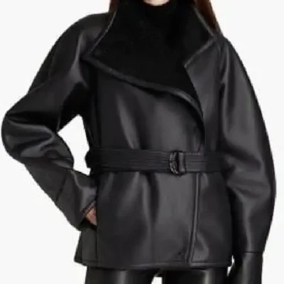 Womens Black Shearling With Belted Waist Leather Jacket