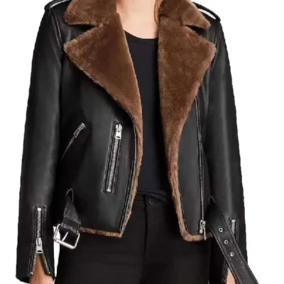 Womens Brown Shearling Fur Black Leather Jacket