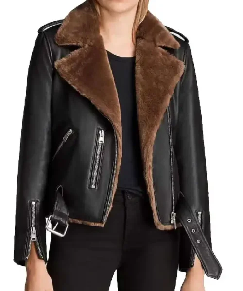 Womens Brown Shearling Fur Black Leather Jacket
