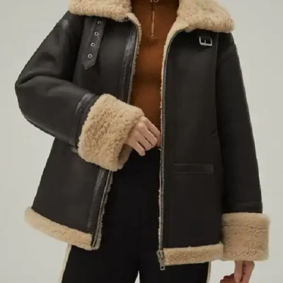 Womens Brown Shearling Matte Black Leather Jacket